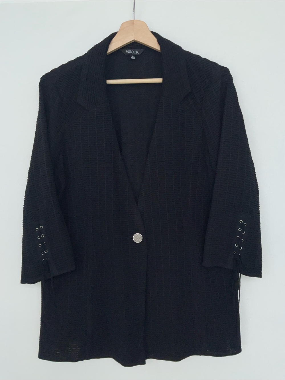 MISOOK Black Open-Knit Blazer/Jacket with Lace-Up Sleeve Detail